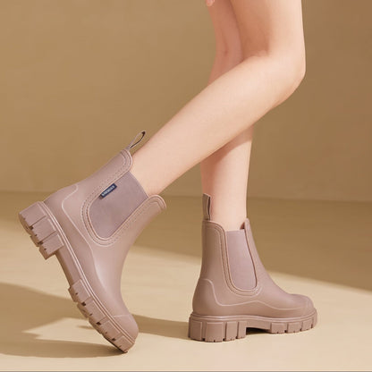 Comfortable Pink Rubber Chelsea Boots for Women with Pull Tab Elastic Panel Lug Sole Rainy Day Style