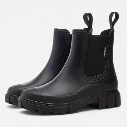 Comfortable Pink Rubber Chelsea Boots for Women with Pull Tab Elastic Panel Lug Sole Rainy Day Style