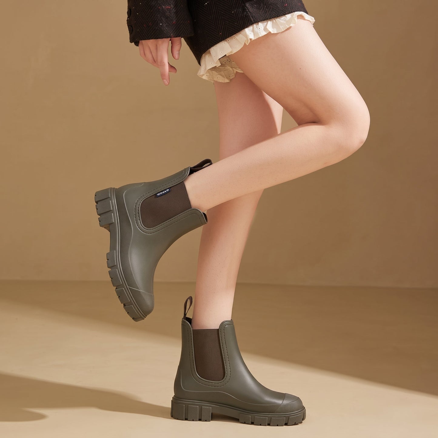 Comfortable Pink Rubber Chelsea Boots for Women with Pull Tab Elastic Panel Lug Sole Rainy Day Style