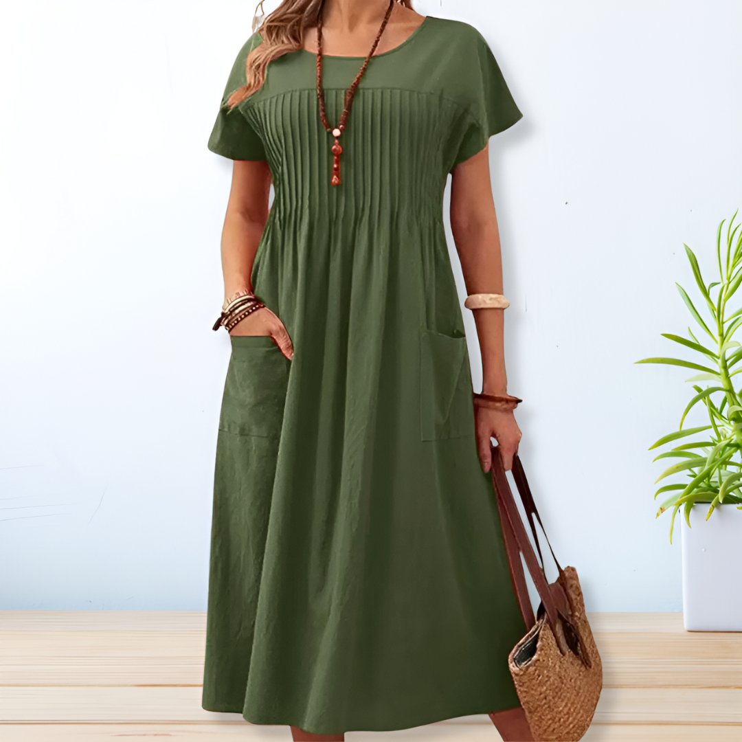 Comfortable Midi Dress for Women with Short Sleeve Round Neck Pintuck Pleat Side Pockets Casual Style