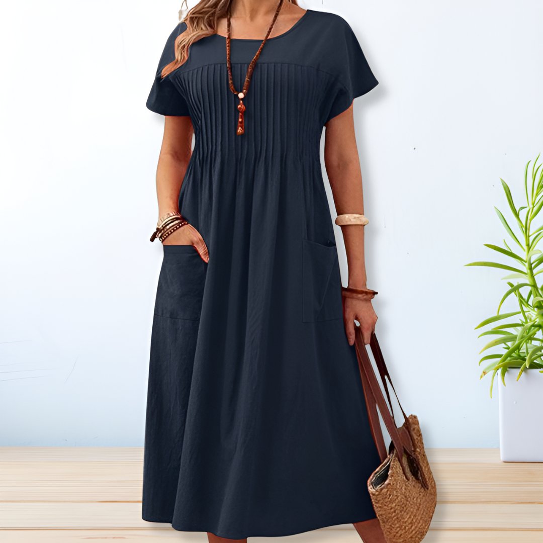 Comfortable Midi Dress for Women with Short Sleeve Round Neck Pintuck Pleat Side Pockets Casual Style