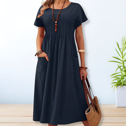 Comfortable Midi Dress for Women with Short Sleeve Round Neck Pintuck Pleat Side Pockets Casual Style