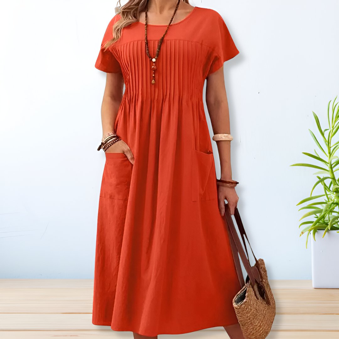 Comfortable Midi Dress for Women with Short Sleeve Round Neck Pintuck Pleat Side Pockets Casual Style