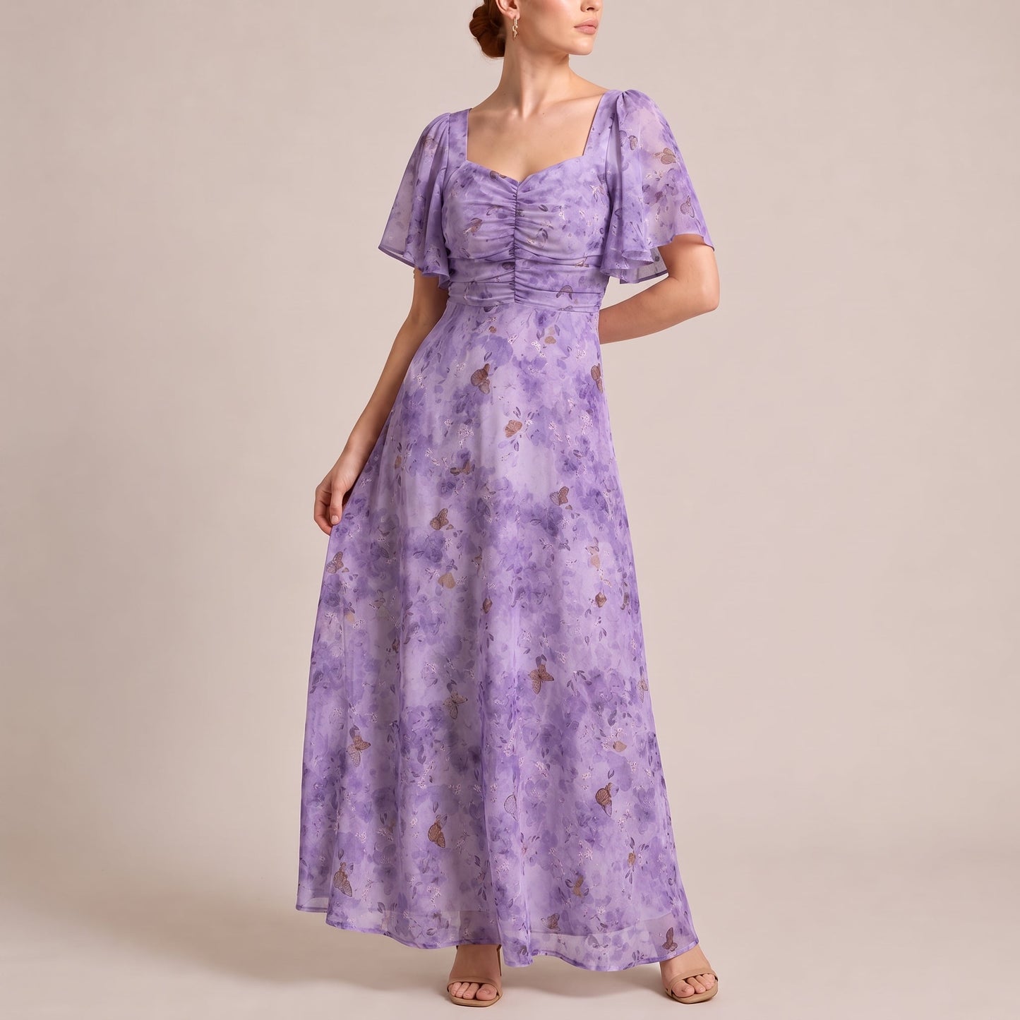 Elegant Floral Chiffon Fall Wedding Guest Dress for Women with Sweetheart Neck Flutter Sleeve Ruched Maxi Style