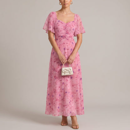Elegant Floral Chiffon Fall Wedding Guest Dress for Women with Sweetheart Neck Flutter Sleeve Ruched Maxi Style