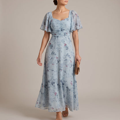Elegant Floral Chiffon Fall Wedding Guest Dress for Women with Sweetheart Neck Flutter Sleeve Ruched Maxi Style
