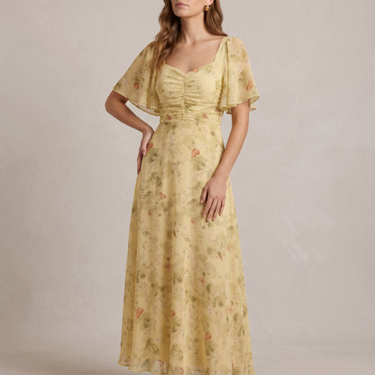Elegant Floral Chiffon Fall Wedding Guest Dress for Women with Sweetheart Neck Flutter Sleeve Ruched Maxi Style