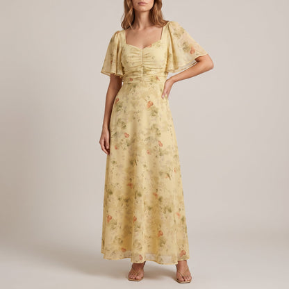 Elegant Floral Chiffon Fall Wedding Guest Dress for Women with Sweetheart Neck Flutter Sleeve Ruched Maxi Style
