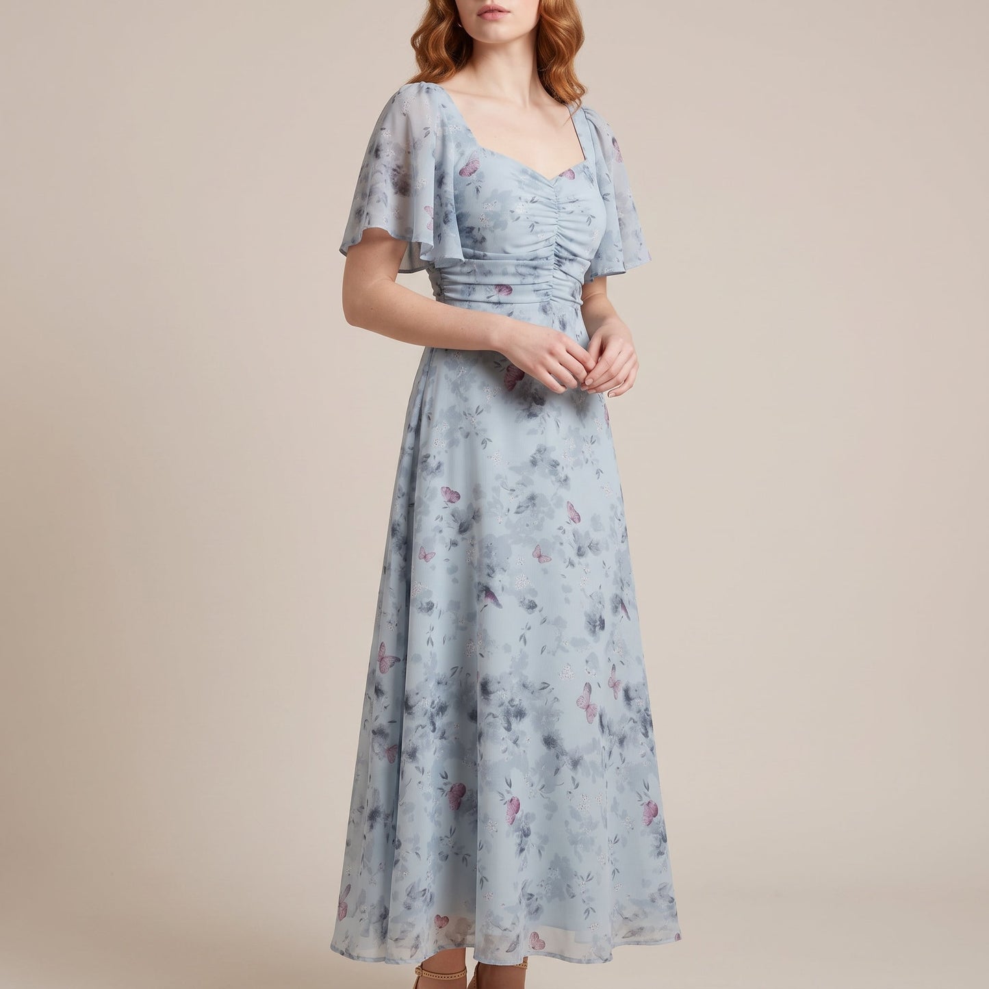 Elegant Floral Chiffon Fall Wedding Guest Dress for Women with Sweetheart Neck Flutter Sleeve Ruched Maxi Style