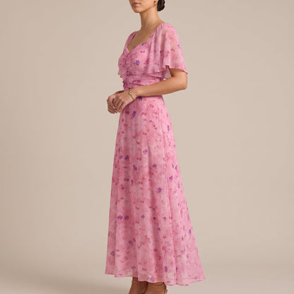 Elegant Floral Chiffon Fall Wedding Guest Dress for Women with Sweetheart Neck Flutter Sleeve Ruched Maxi Style