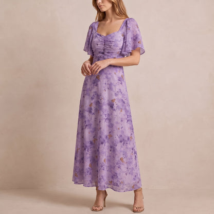 Elegant Floral Chiffon Fall Wedding Guest Dress for Women with Sweetheart Neck Flutter Sleeve Ruched Maxi Style