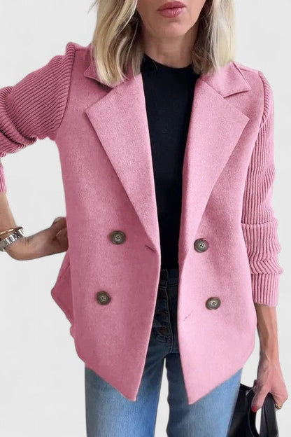Elegant Blazer for Women with Notched Lapel Long Sleeve Knit Sleeve Double Breasted Style