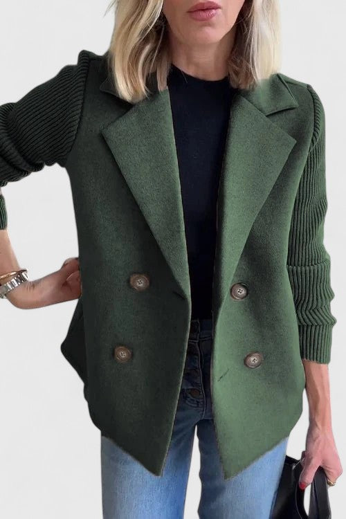 Elegant Blazer for Women with Notched Lapel Long Sleeve Knit Sleeve Double Breasted Style