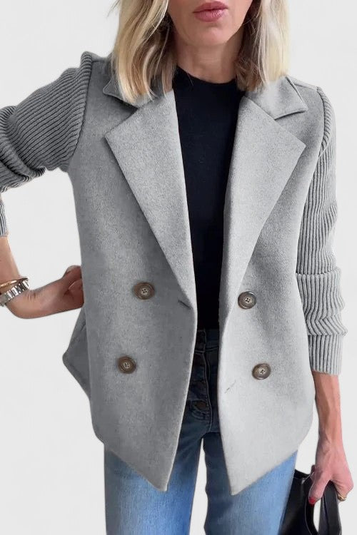 Elegant Blazer for Women with Notched Lapel Long Sleeve Knit Sleeve Double Breasted Style