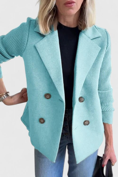 Elegant Blazer for Women with Notched Lapel Long Sleeve Knit Sleeve Double Breasted Style