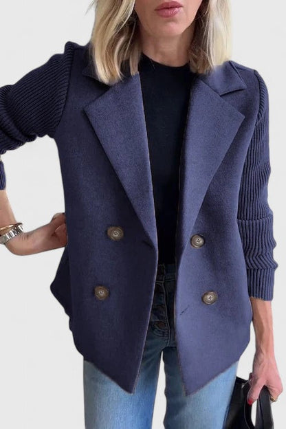 Elegant Blazer for Women with Notched Lapel Long Sleeve Knit Sleeve Double Breasted Style