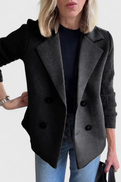 Elegant Blazer for Women with Notched Lapel Long Sleeve Knit Sleeve Double Breasted Style
