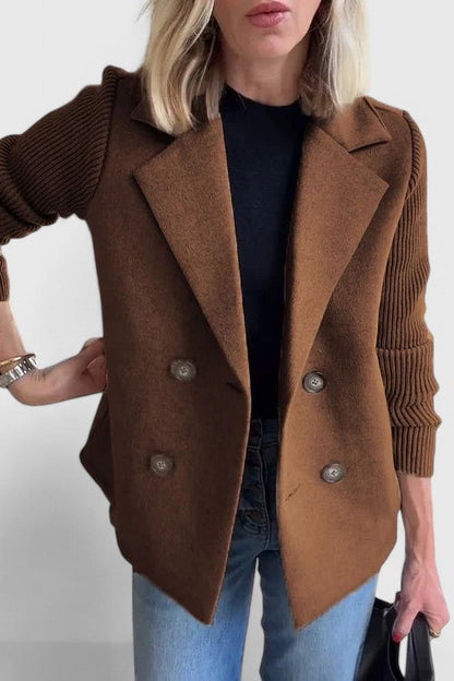 Elegant Blazer for Women with Notched Lapel Long Sleeve Knit Sleeve Double Breasted Style