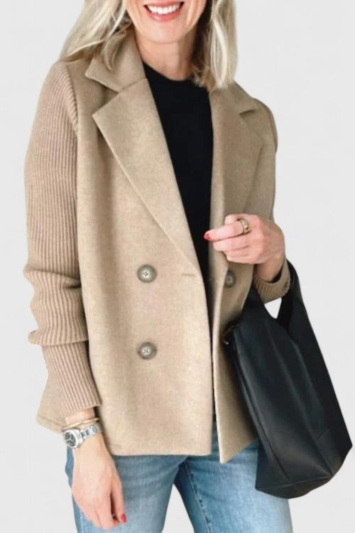 Elegant Blazer for Women with Notched Lapel Long Sleeve Knit Sleeve Double Breasted Style