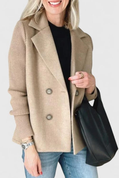 Elegant Blazer for Women with Notched Lapel Long Sleeve Knit Sleeve Double Breasted Style