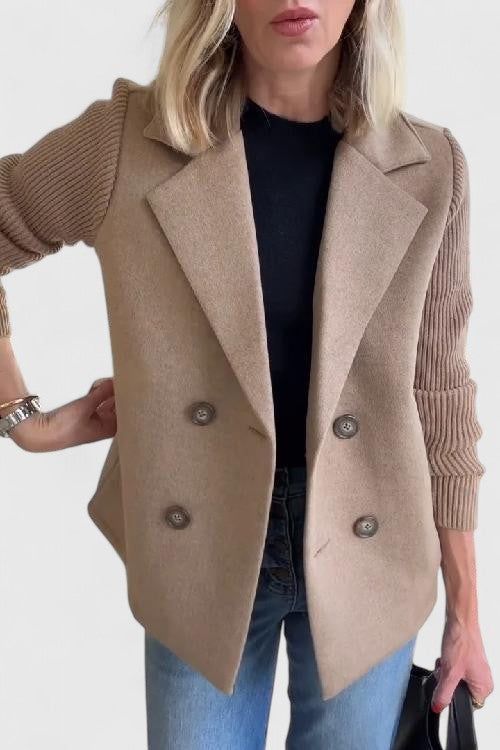 Elegant Blazer for Women with Notched Lapel Long Sleeve Knit Sleeve Double Breasted Style