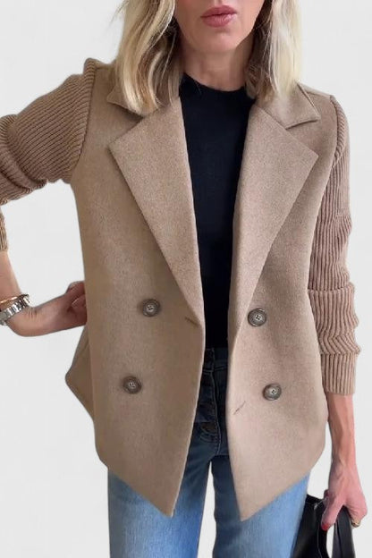 Elegant Blazer for Women with Notched Lapel Long Sleeve Knit Sleeve Double Breasted Style