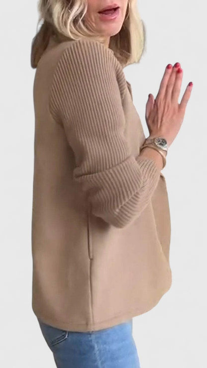 Elegant Blazer for Women with Notched Lapel Long Sleeve Knit Sleeve Double Breasted Style