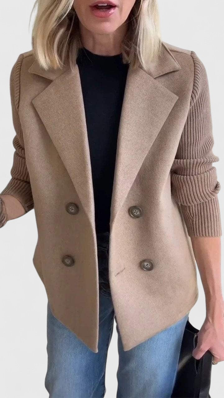 Elegant Blazer for Women with Notched Lapel Long Sleeve Knit Sleeve Double Breasted Style