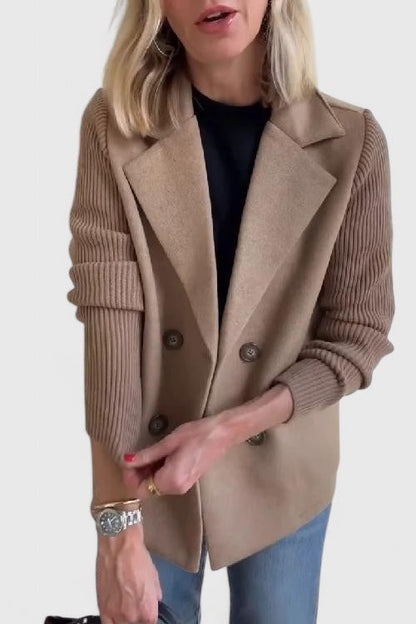Elegant Blazer for Women with Notched Lapel Long Sleeve Knit Sleeve Double Breasted Style