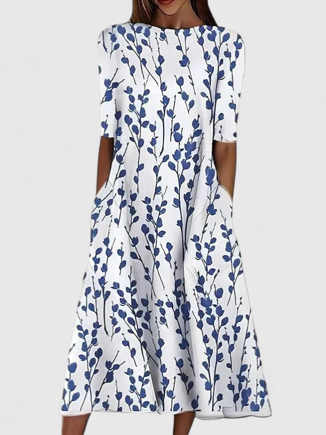 Comfortable Floral Midi Dress for Women with Round Neck Short Sleeve A Line Swing Pocket Style