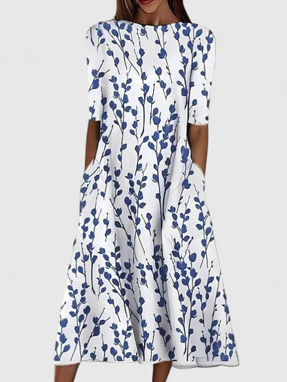 Comfortable Floral Midi Dress for Women with Round Neck Short Sleeve A Line Swing Pocket Style