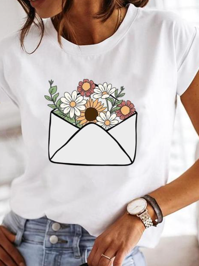 Comfortable Graphic Print Blouses for Women with Round Neck Short Sleeve Relaxed Soft Cotton Style