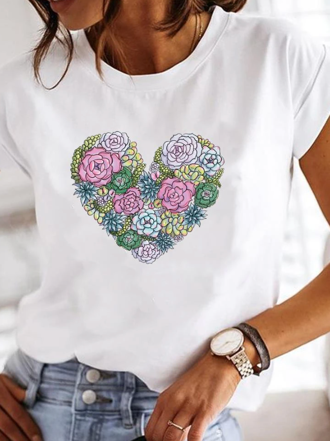 Comfortable Graphic Print Blouses for Women with Round Neck Short Sleeve Relaxed Soft Cotton Style