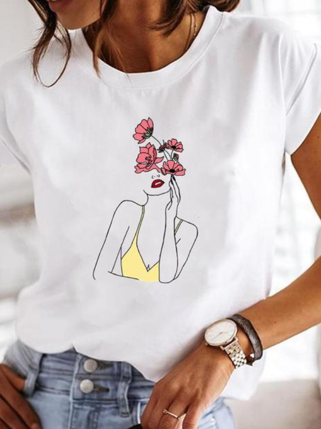Comfortable Graphic Print Blouses for Women with Round Neck Short Sleeve Relaxed Soft Cotton Style