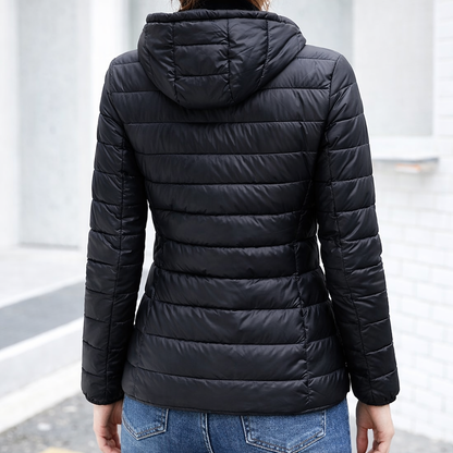 Sleek Hooded Puffer Jacket for Women with Zip Front Lightweight Quilted Insulated Packable Winter Style