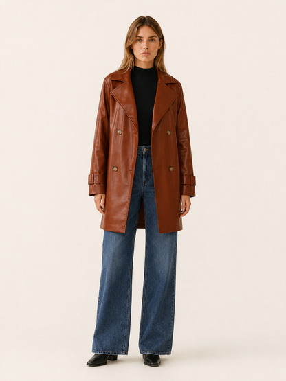 Timeless Brown Faux Leather Coat for Women with Notched Lapel Double Breasted Mid Length Trench Style