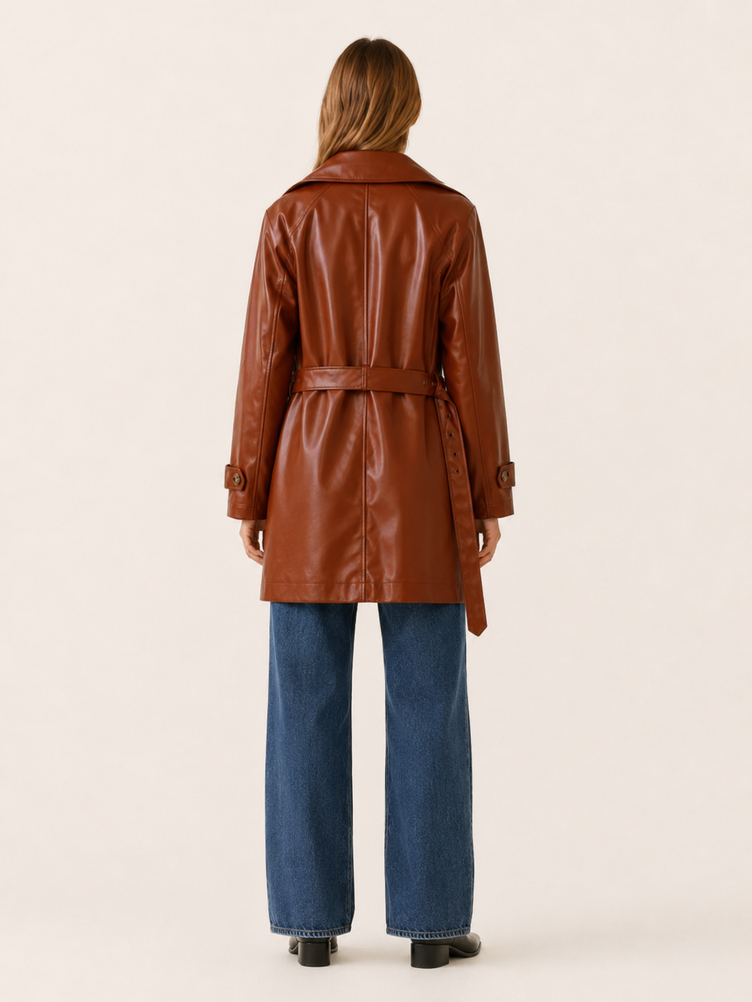 Timeless Brown Faux Leather Coat for Women with Notched Lapel Double Breasted Mid Length Trench Style