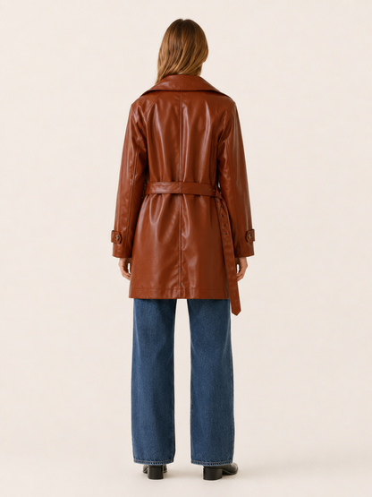 Timeless Brown Faux Leather Coat for Women with Notched Lapel Double Breasted Mid Length Trench Style