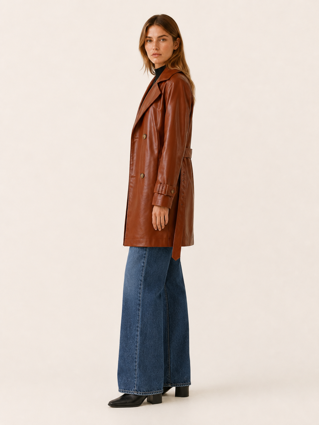 Timeless Brown Faux Leather Coat for Women with Notched Lapel Double Breasted Mid Length Trench Style
