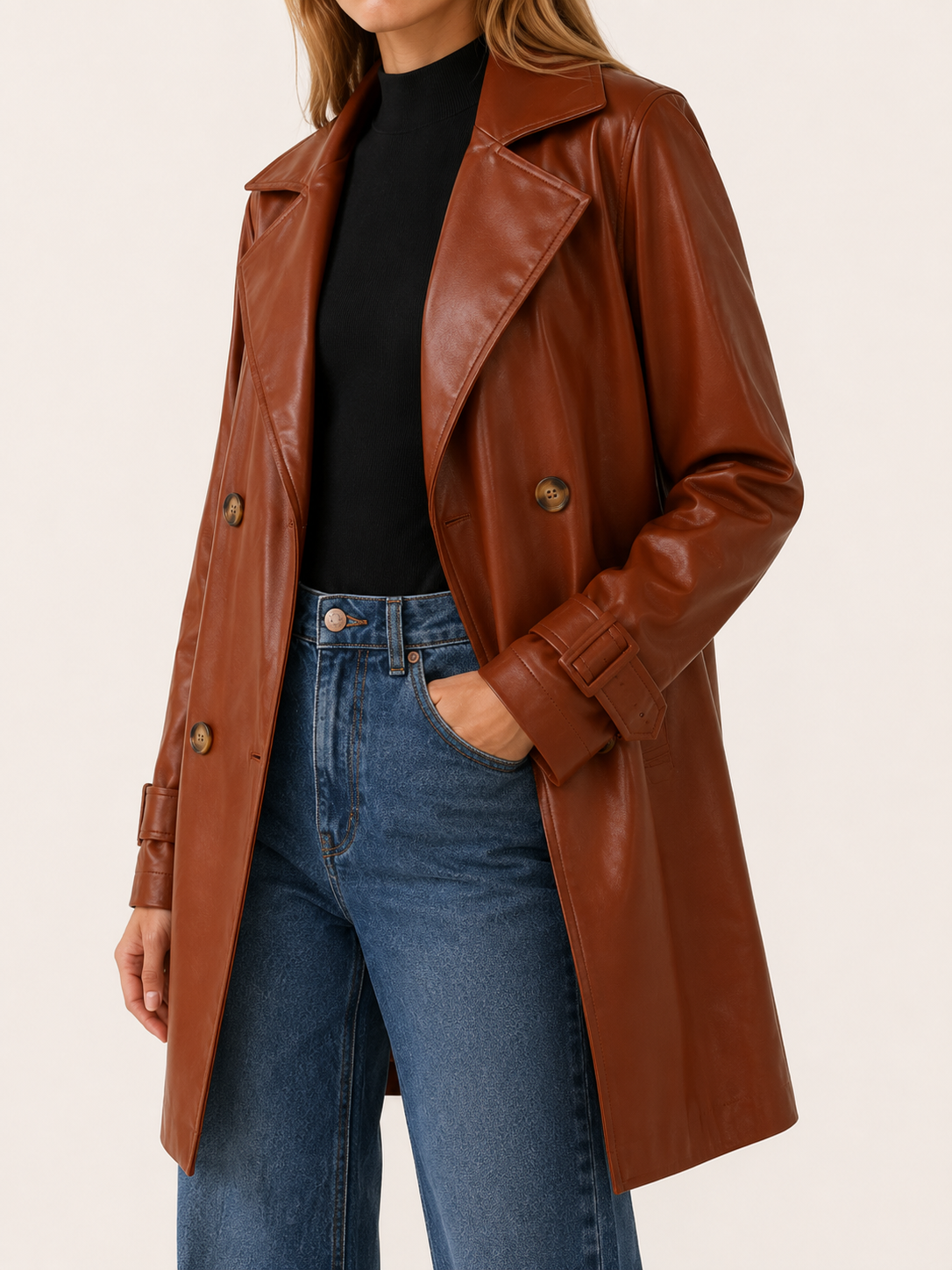 Timeless Brown Faux Leather Coat for Women with Notched Lapel Double Breasted Mid Length Trench Style