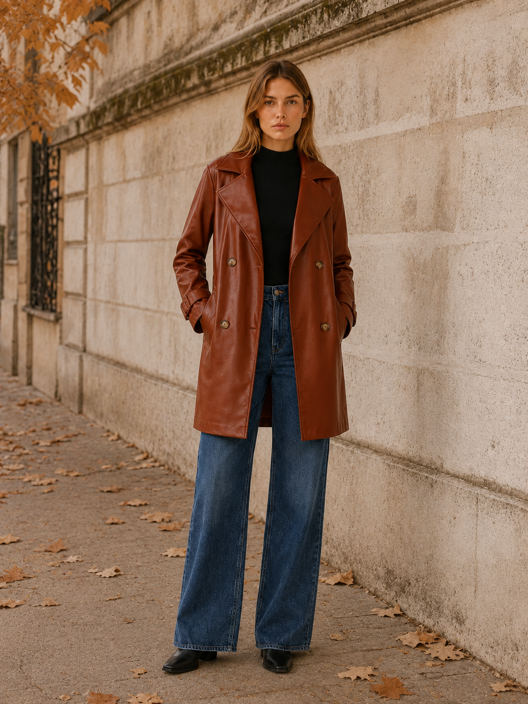 Timeless Brown Faux Leather Coat for Women with Notched Lapel Double Breasted Mid Length Trench Style