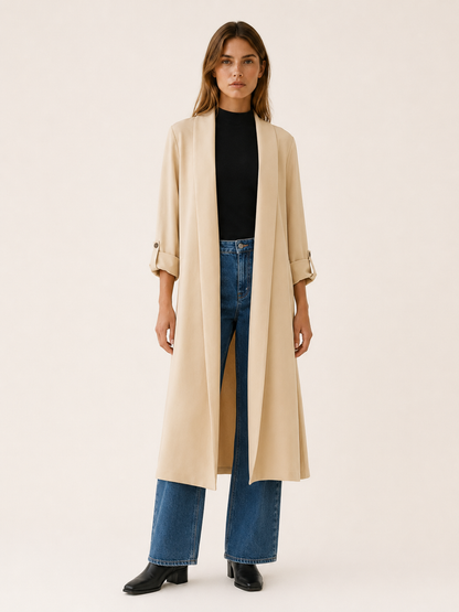 Elegant Long Trench Coat for Women with Open Front Roll Tab Sleeve Belted Waist Classic Style