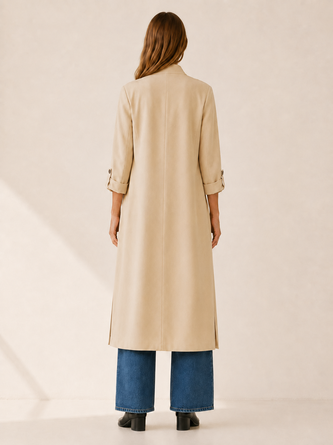 Elegant Long Trench Coat for Women with Open Front Roll Tab Sleeve Belted Waist Classic Style