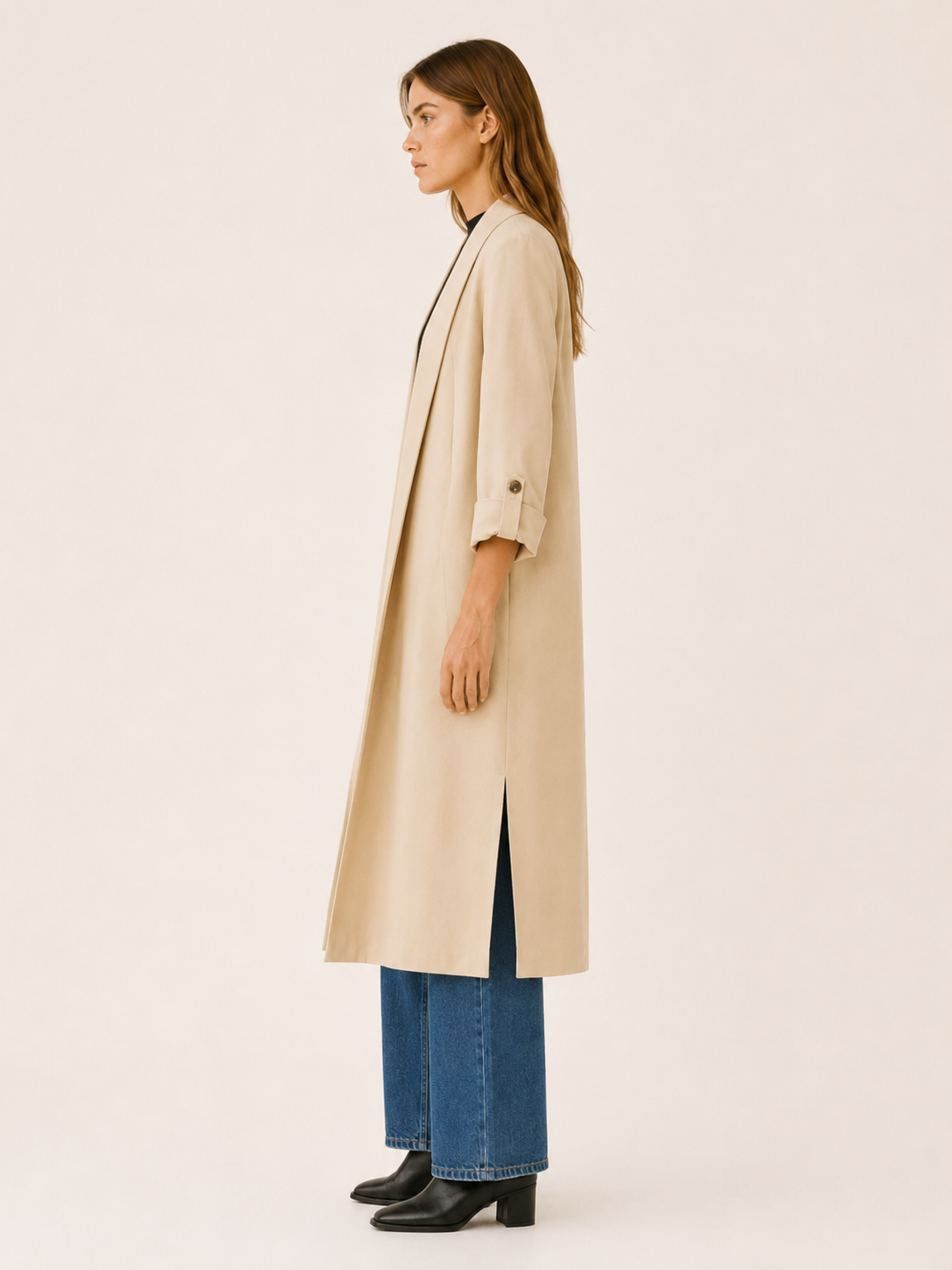 Elegant Long Trench Coat for Women with Open Front Roll Tab Sleeve Belted Waist Classic Style