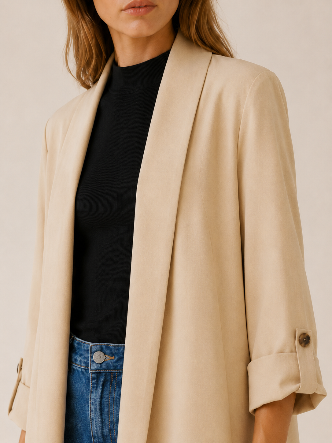 Elegant Long Trench Coat for Women with Open Front Roll Tab Sleeve Belted Waist Classic Style