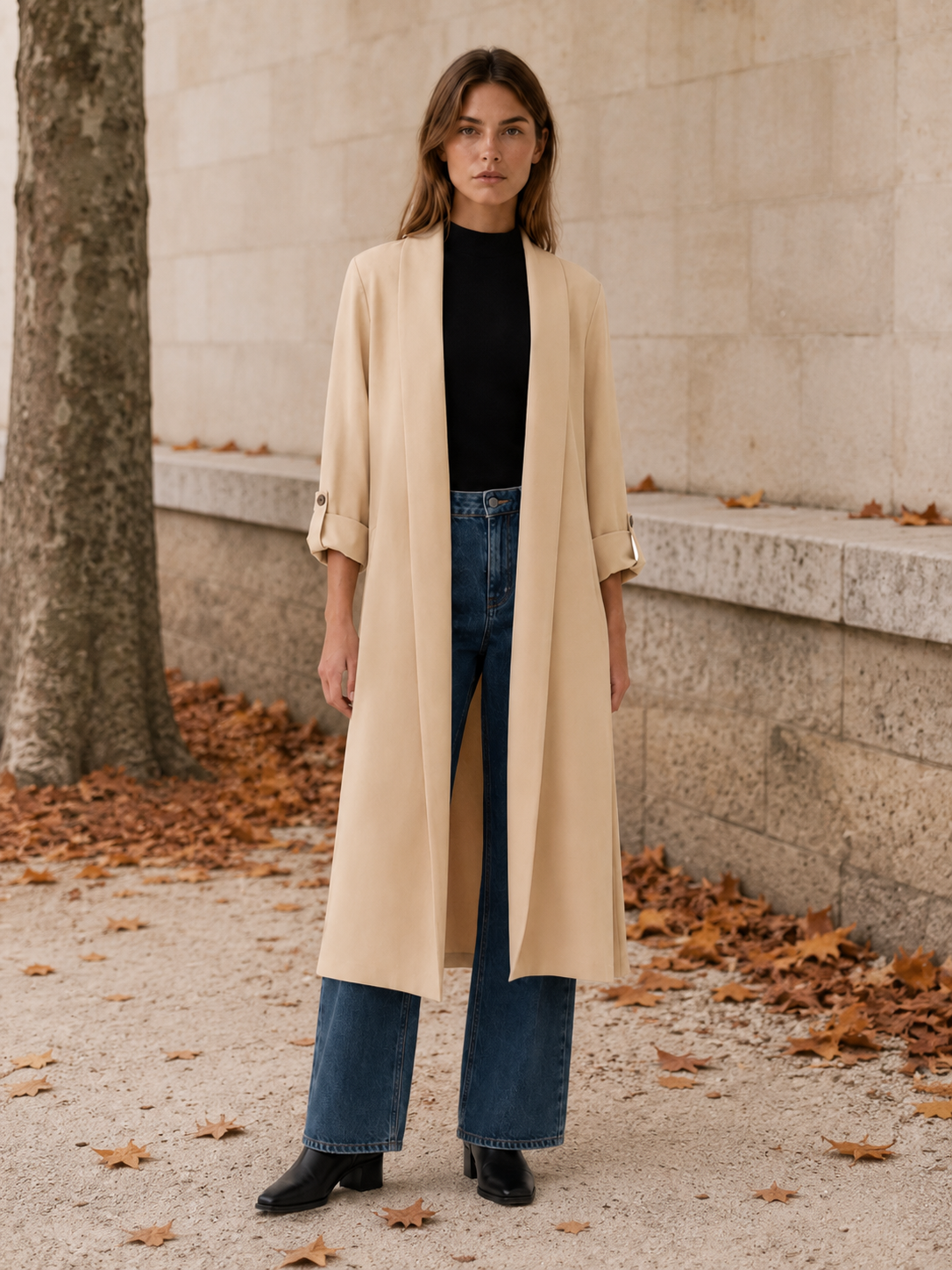 Elegant Long Trench Coat for Women with Open Front Roll Tab Sleeve Belted Waist Classic Style