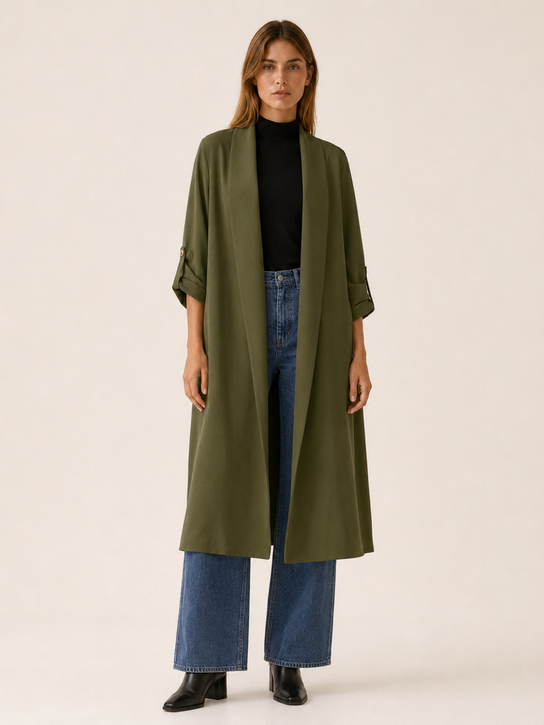 Elegant Long Trench Coat for Women with Open Front Roll Tab Sleeve Belted Waist Classic Style