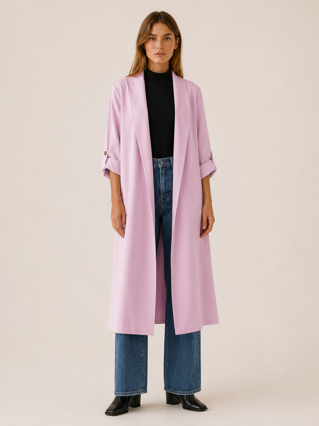 Elegant Long Trench Coat for Women with Open Front Roll Tab Sleeve Belted Waist Classic Style