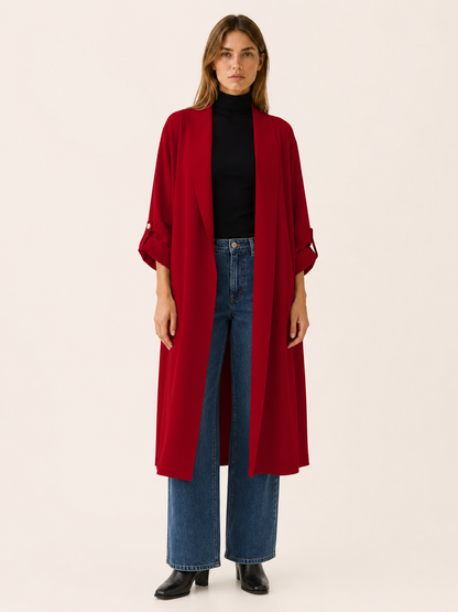 Elegant Long Trench Coat for Women with Open Front Roll Tab Sleeve Belted Waist Classic Style