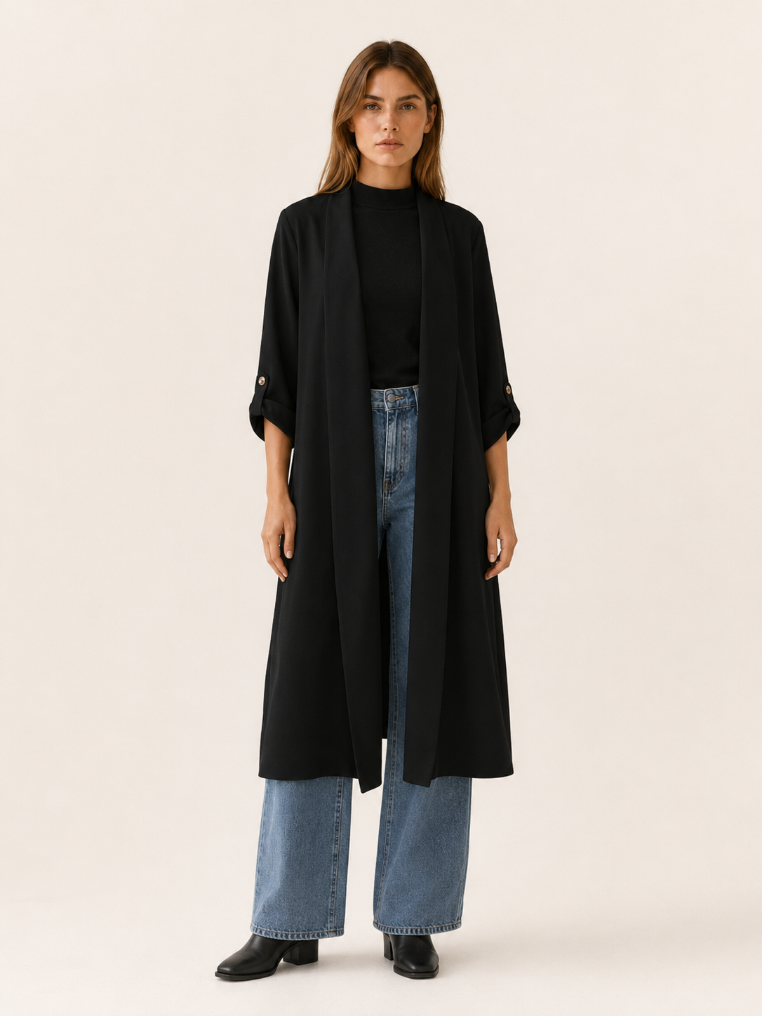 Elegant Long Trench Coat for Women with Open Front Roll Tab Sleeve Belted Waist Classic Style